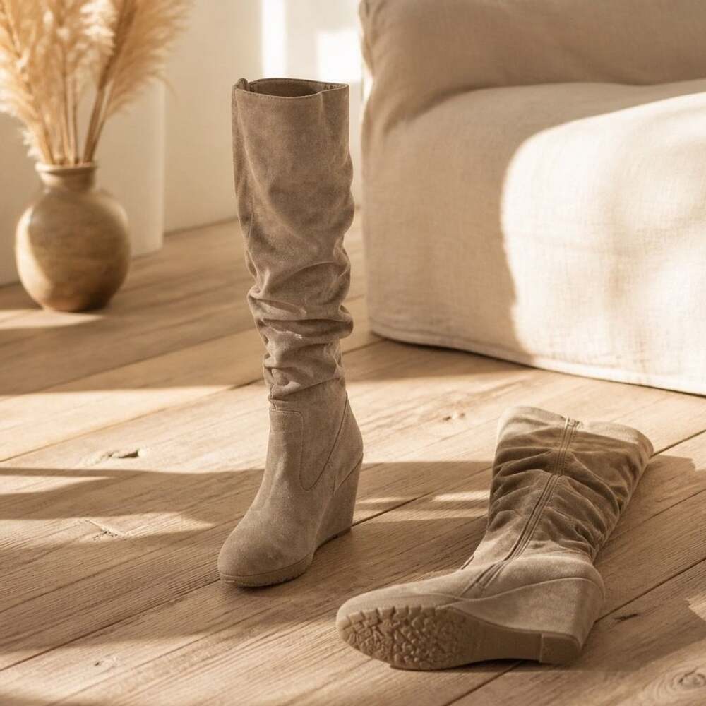 Forever Forever Women's Slouchy Wedge Knee High Boots Size 8.5 Taupe Suede